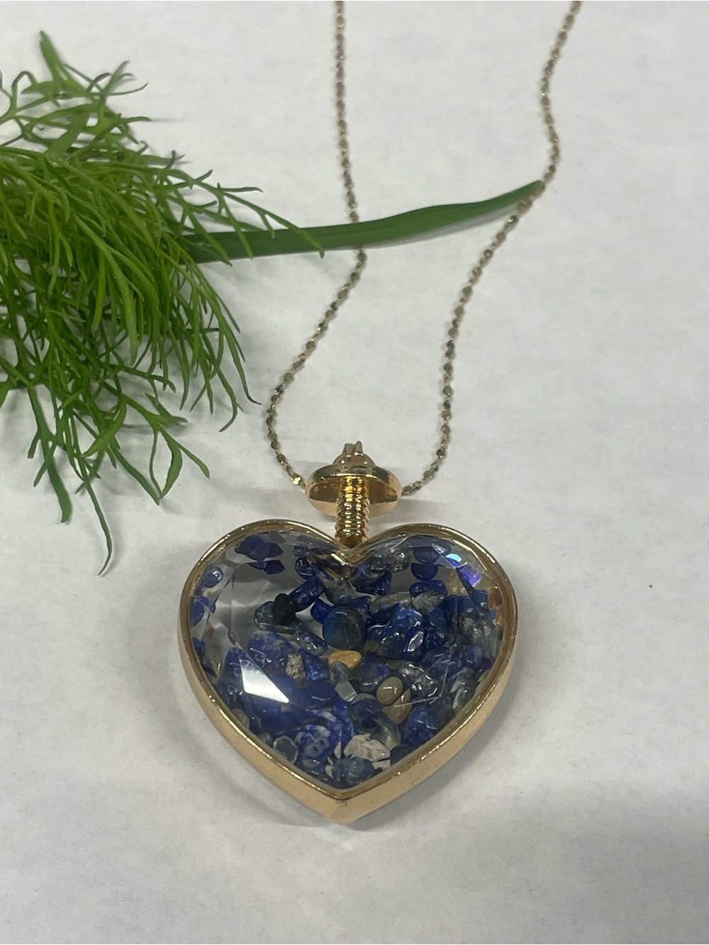 Gold Heart Pendant Necklace with Blue Chip Stones